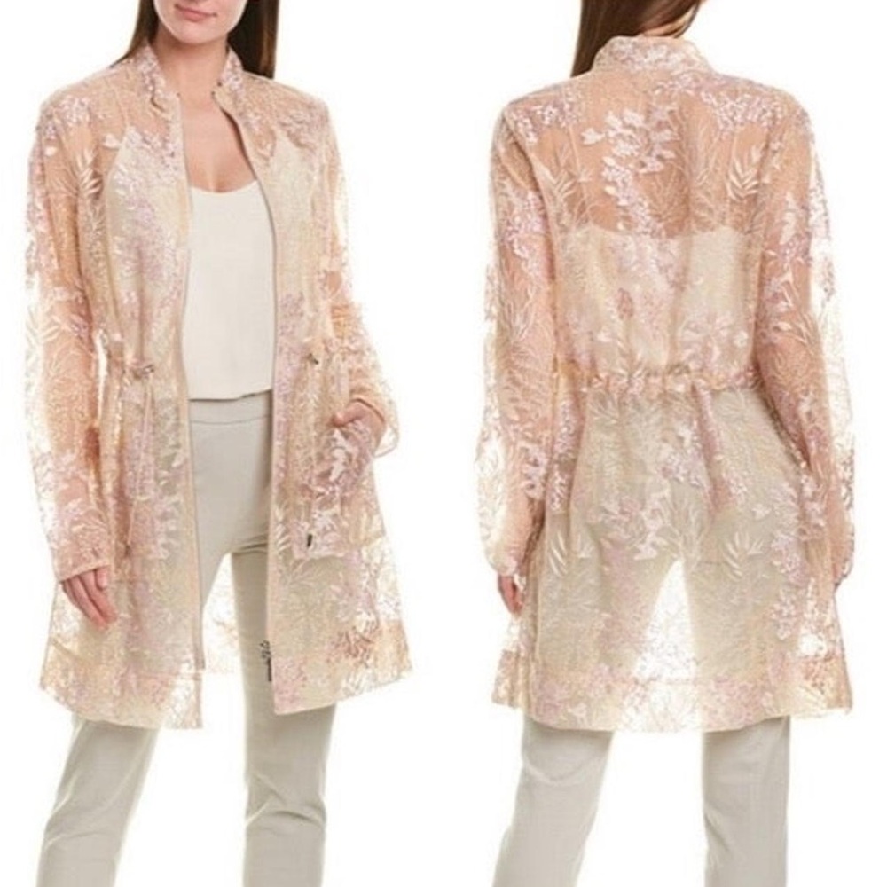 Elie Tahari | Nicolette Sheer Silk Embroidered Floral Appliqué Coat
